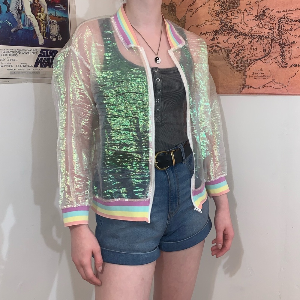 Iridescent rainbow bomber jacket